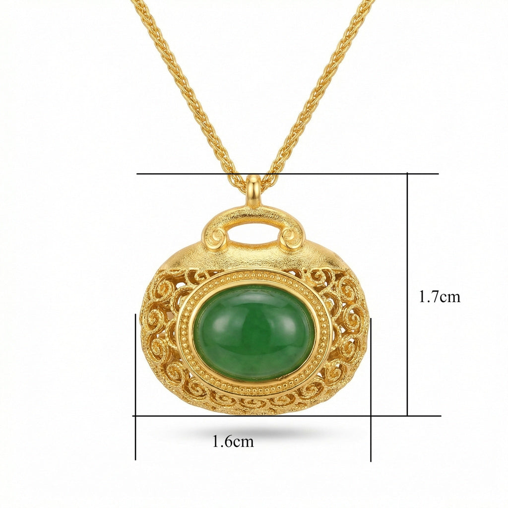 925 Sterling Silver Elegant Filigree Green Jadeite Pendant Necklace with Intricate Textured Metallic Detail Vera Lux