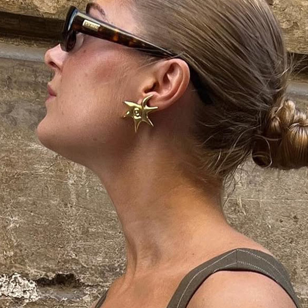 18K gold sun with thread design trendy and unique earrings and necklace set Vera Lux