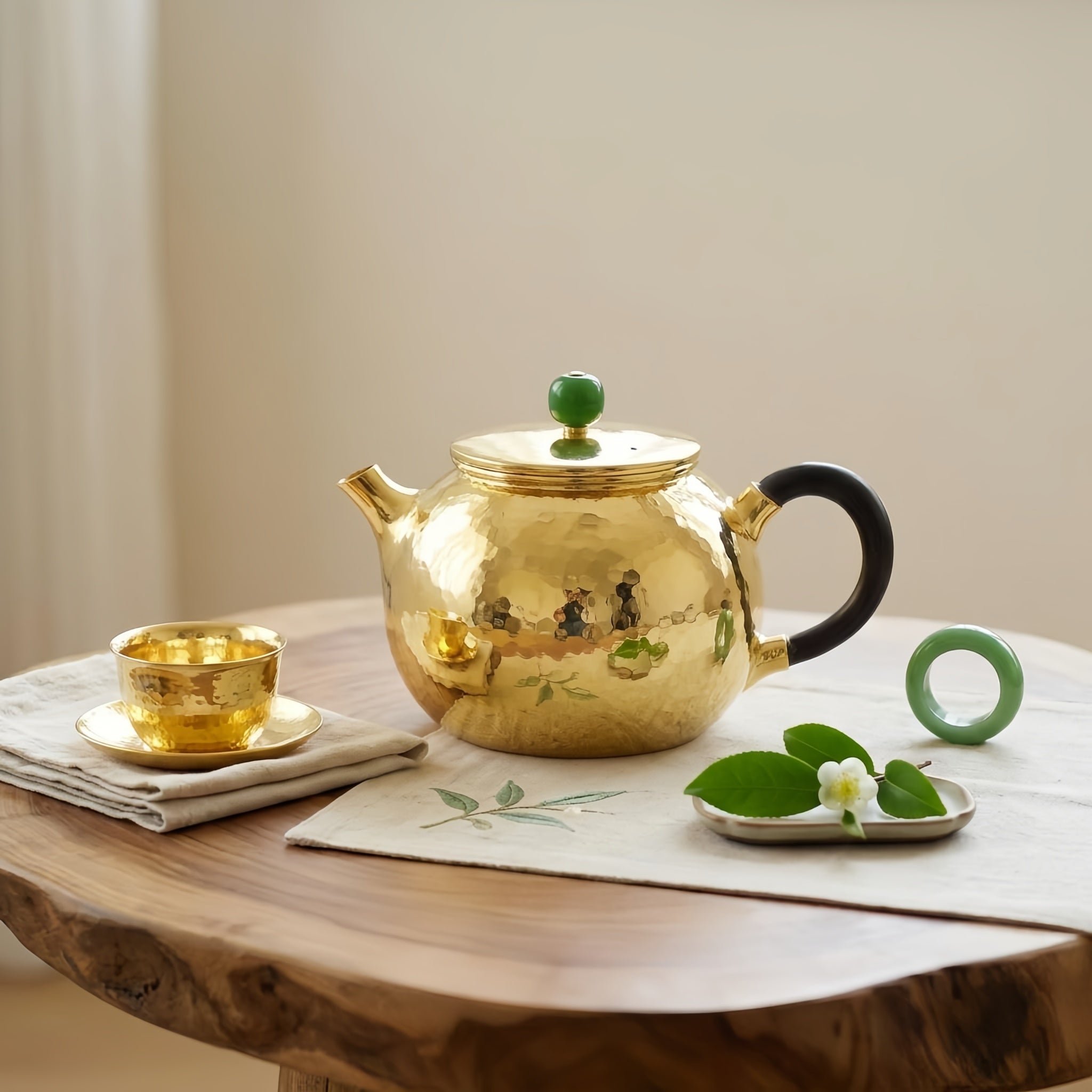 Pure 999 Fine Silver Hammered Metallic Teapot Featuring Green Jade Finial and Elegant Dark Wood Handle - Handicraft Vera Lux