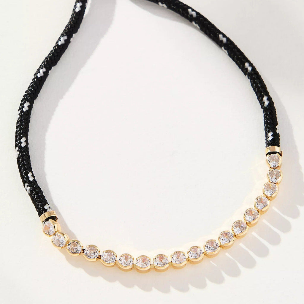 Off-white Brown-striped Woven Necklace With Diamond-encrusted Gold Chain Vera Lux