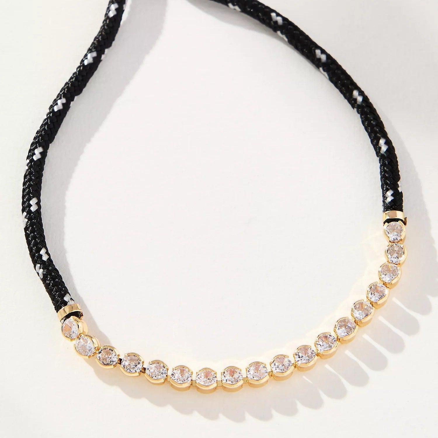 Off-white Brown-striped Woven Necklace With Diamond-encrusted Gold Chain Vera Lux
