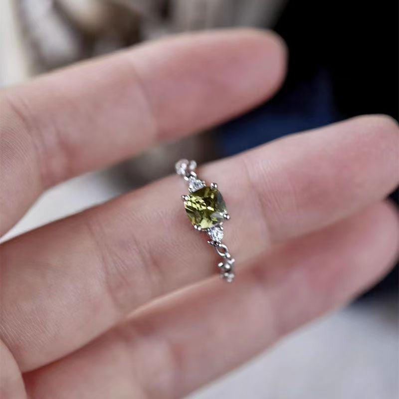 Minimalist Olive Green Gemstone Open Ring, Dainty Silver Jewelry For Women Vera Lux