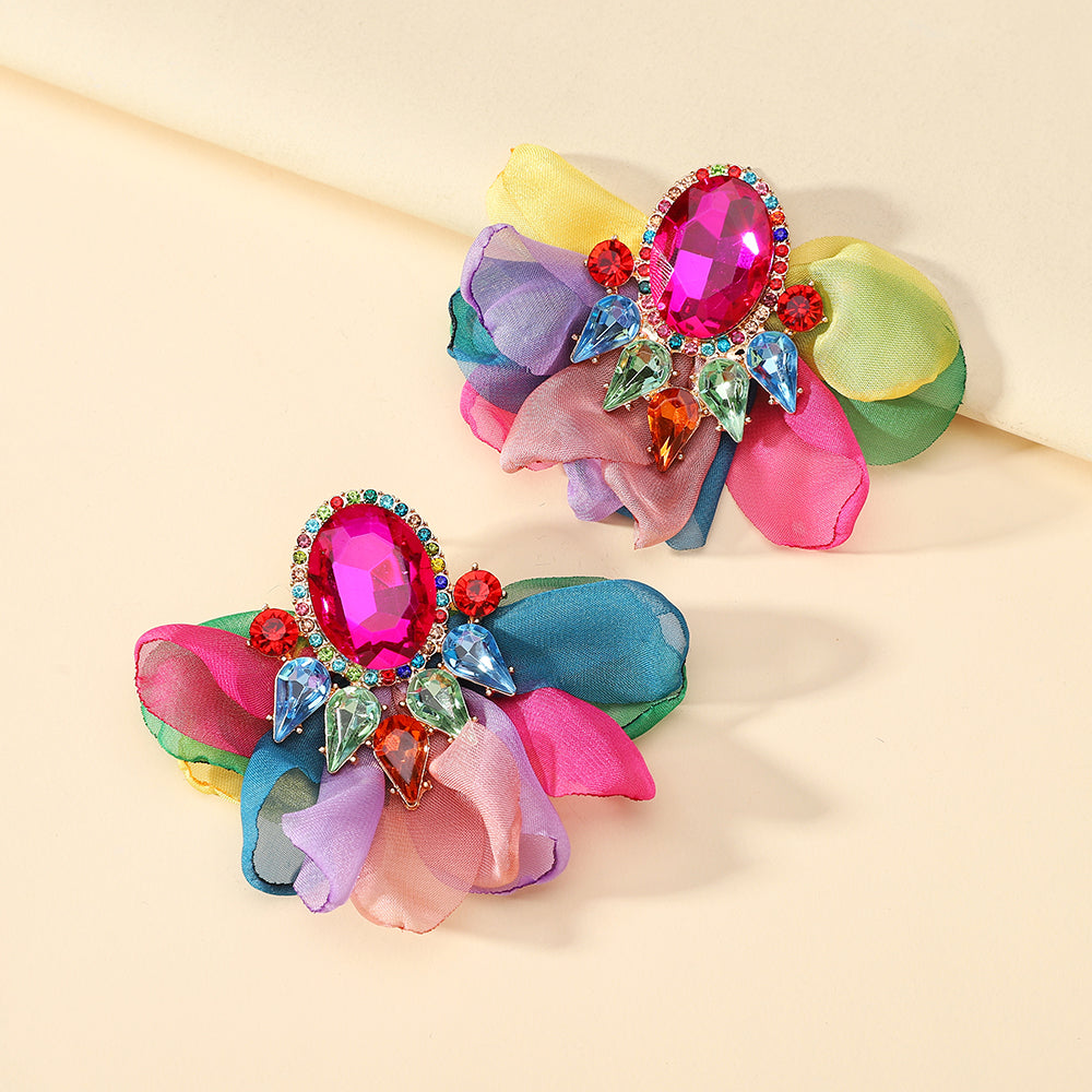 Handmade Coloful Glass Chiffon Flower Stud Earrings For Women Bold Fashion Jewelry Party Prom Vacation Vera Lux