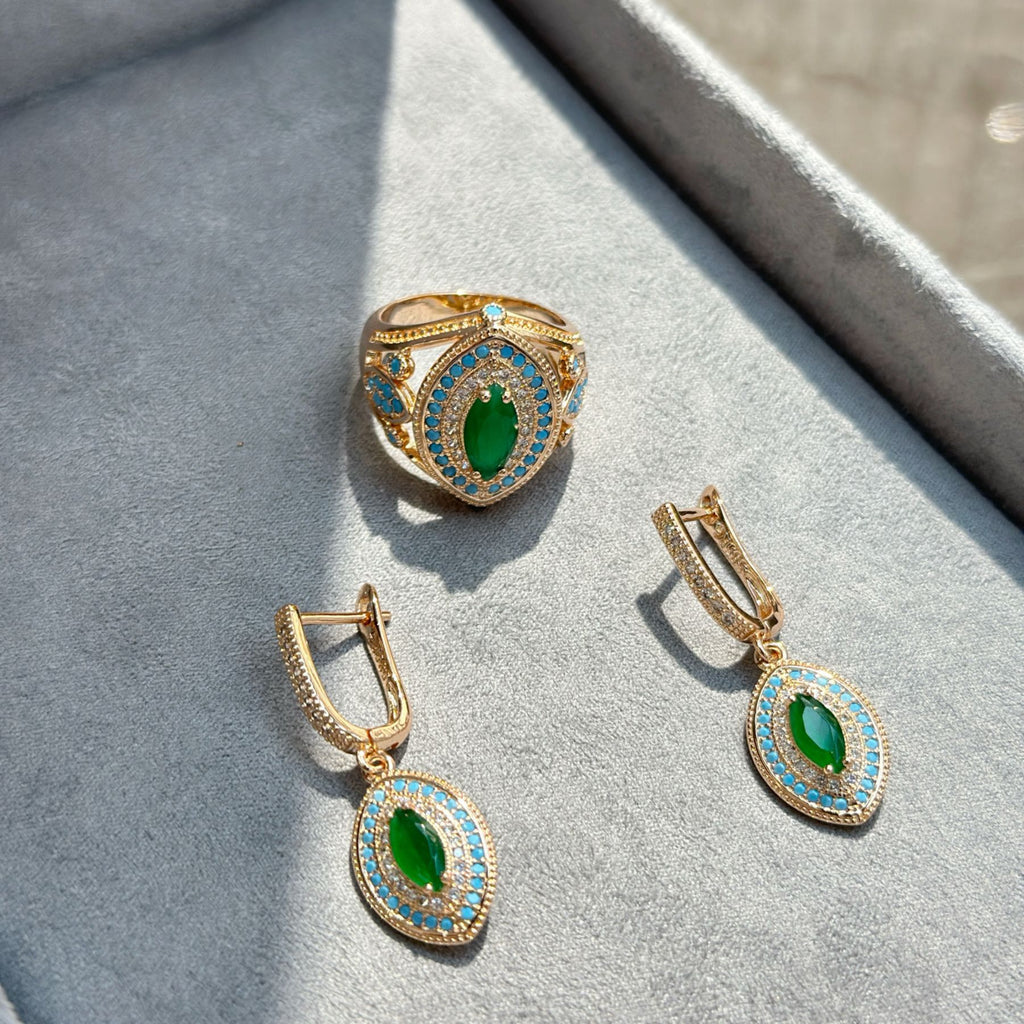 Emerald-Zircon Vintage Earrings And Ring Jewelry Set Vera Lux