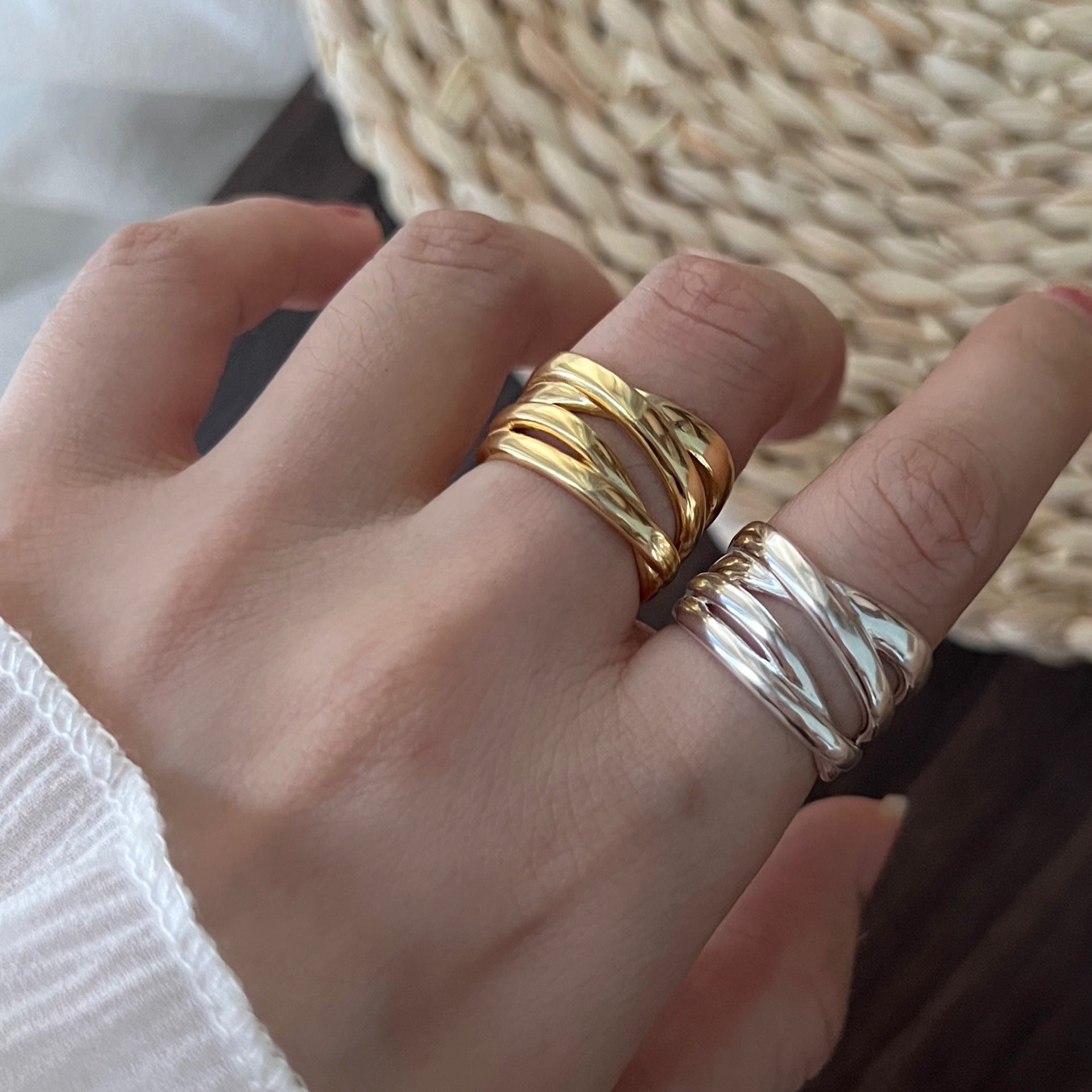 S925 Sterling Silver Heavy Craft Irregular Cross Line Ring, Multi-Layer Niche Silver Jewelry For Women, INS Style Band Vera Lux