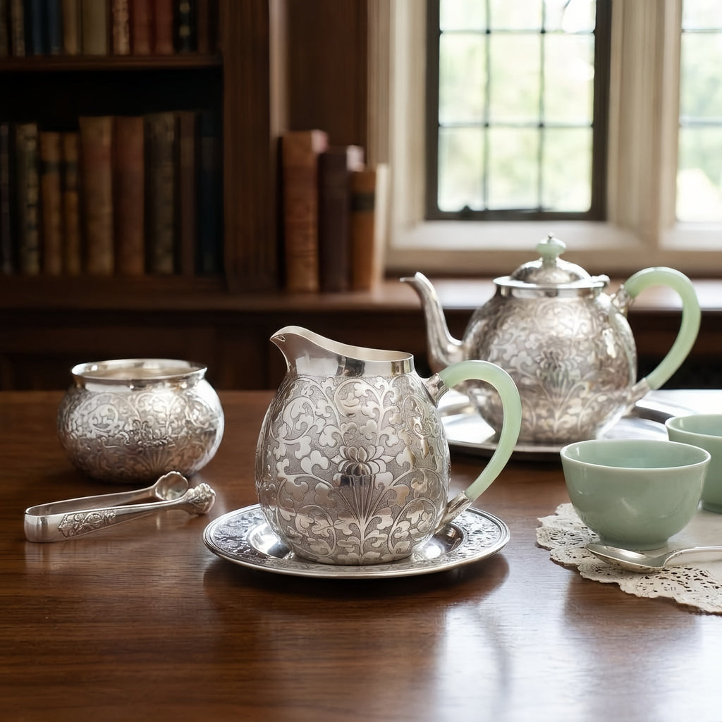 Pure 999 Fine Silver Elegant Ornate Silver Floral Engraved Pitcher Featuring a Delicate Pale Green Handle - Handicraft Vera Lux