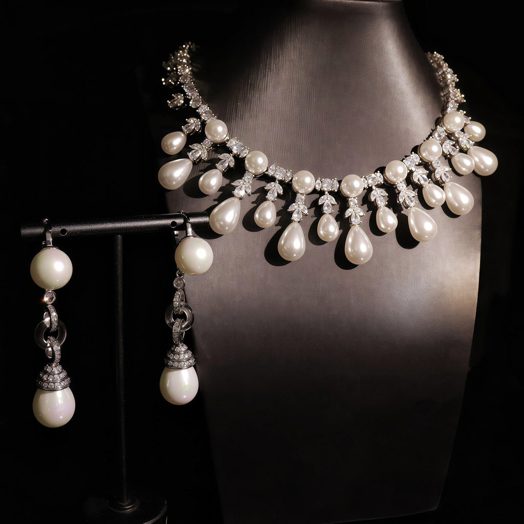 Chic Clavicle-Length Necklace And Gold-Plated Zircon Pearl Earrings Jewelry Set Vera Lux