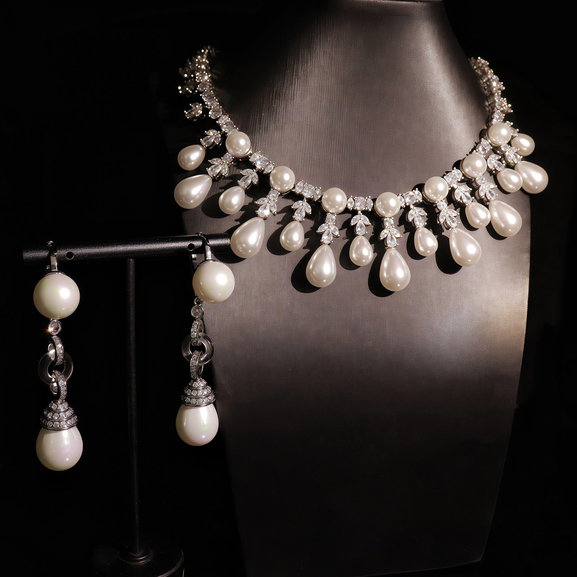 Chic Clavicle-Length Necklace And Gold-Plated Zircon Pearl Earrings Jewelry Set Vera Lux