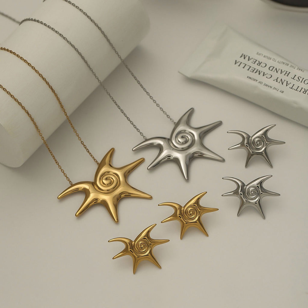 18K gold sun with thread design trendy and unique earrings and necklace set Vera Lux