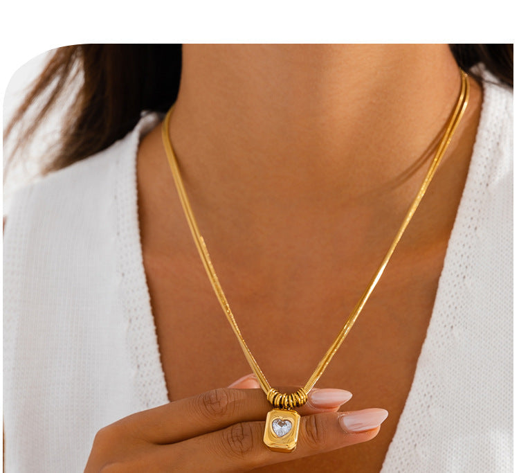 Diamond-studded Heart-shaped Snake Bone Chain Stainless Steel Necklace For Women - Luxurious And High-end, Double-layered And Stackable, Perfect For All Occasions. Vera Lux