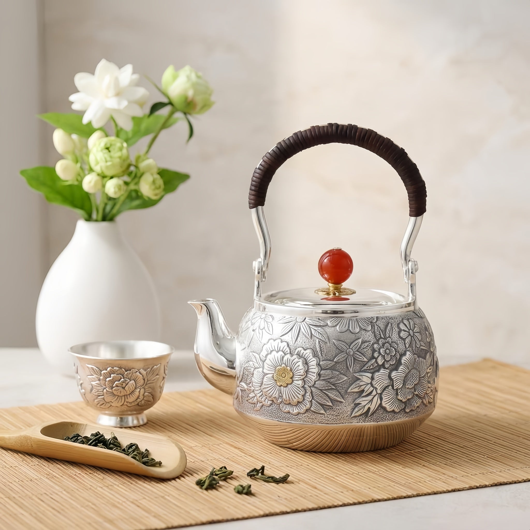 925 Sterling Silver Handcrafted Silver Floral Teapot with Red Agate Knob and Woven Handle - Handicraft Vera Lux