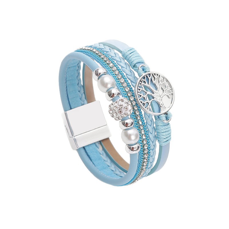 Drilled-bead Multi-layer PU Leather Braided Magnetic-clasp Bracelet Vera Lux