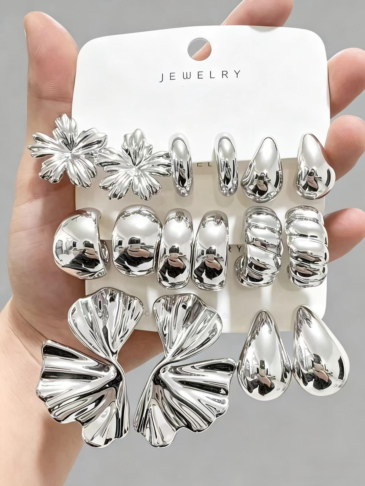 INS Style Luxury Geometric Hoop & Stud Earrings For Women, Vacation Statement Earrings Set, 8 Pairs Pack Trendy Boho Beach Jewelry Gift Vera Lux