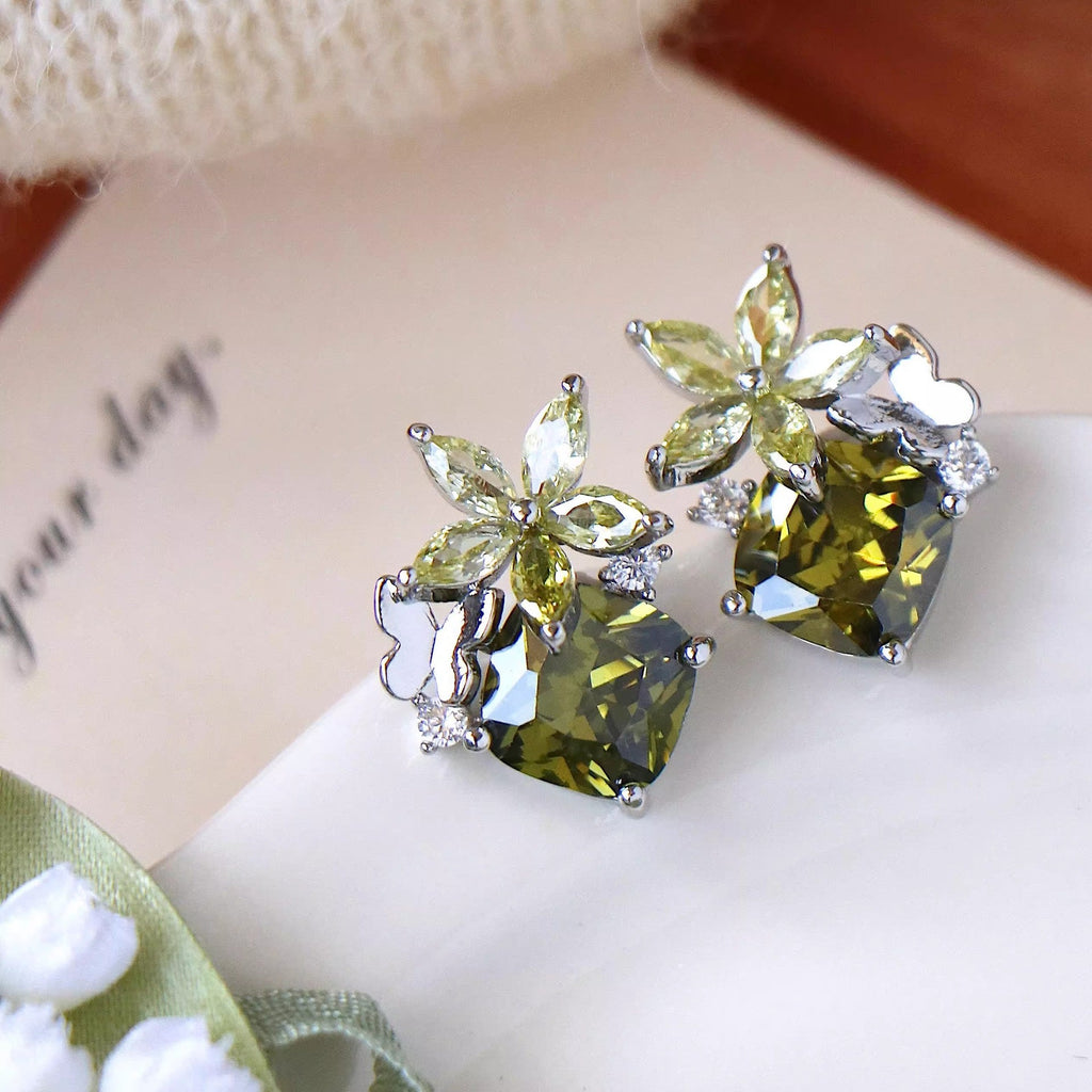 French-style Retro Elegant Exquisite Olive Green Zircon Stud Earrings Vera Lux