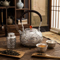 Pure 999 Fine Silver Exquisite Silver Teapot with Handcrafted Dragon Relief and Crimson Stone Finial - Handicraft Vera Lux