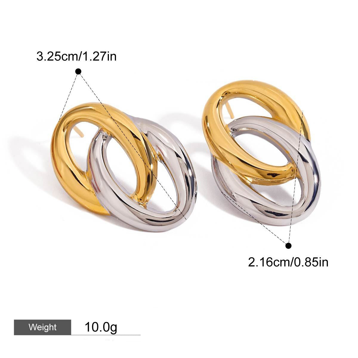 18K gold hollow oval earrings with gold and silver color matching design, simple and elegant Vera Lux