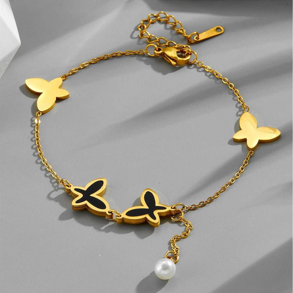 Pearl chain tassel butterfly beach style metal titanium steel anklet Vera Lux
