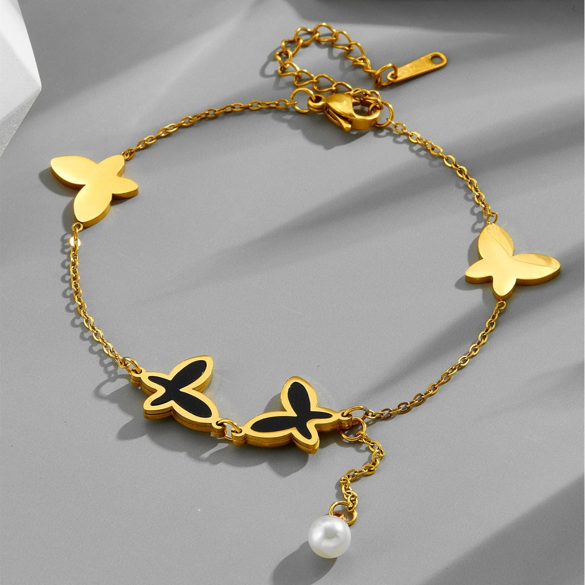 Pearl chain tassel butterfly beach style metal titanium steel anklet Vera Lux