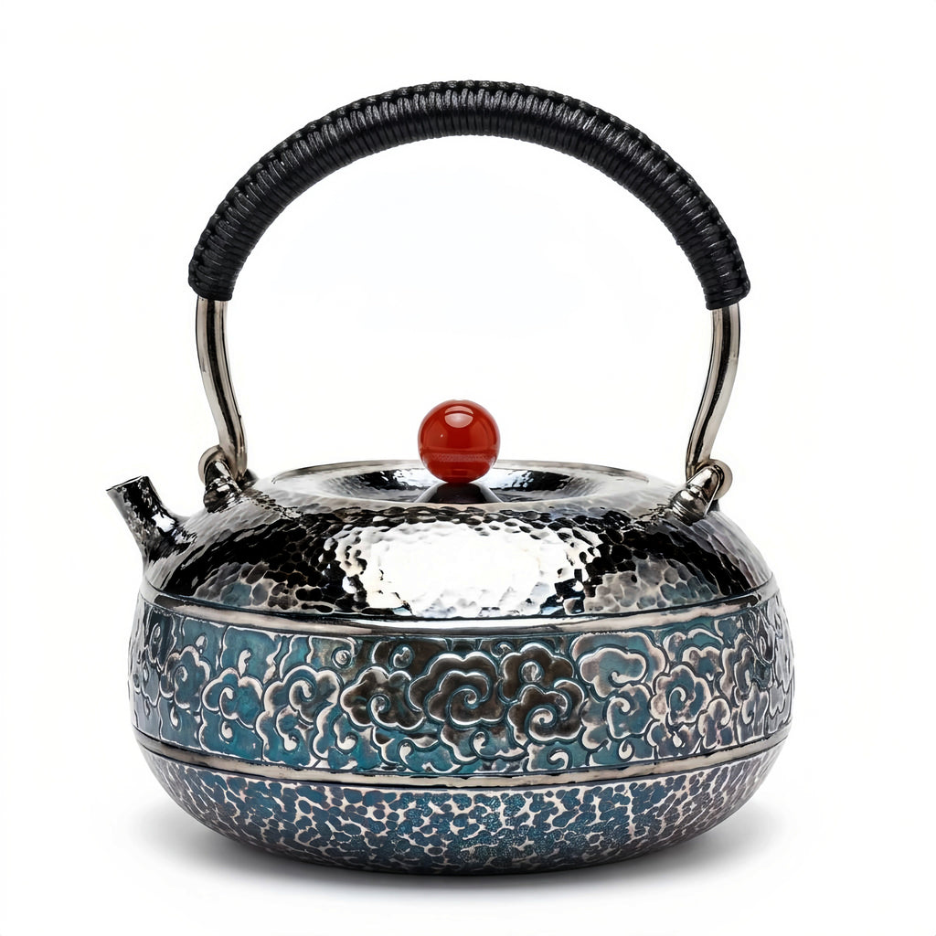 925 Sterling Silver Handcrafted Hammered  Teapot with Blue Cloud Motif-Fine large teapot - Handicraft Vera Lux