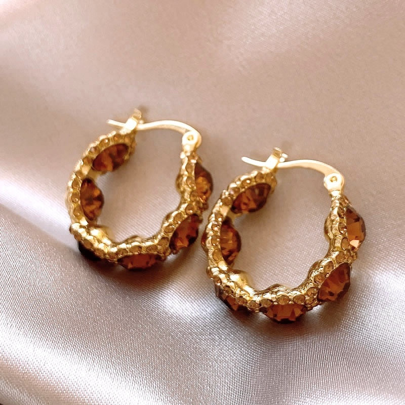 Elegant Light-luxury Coffee-colored Crystal Hoop Ear Clips Vera Lux