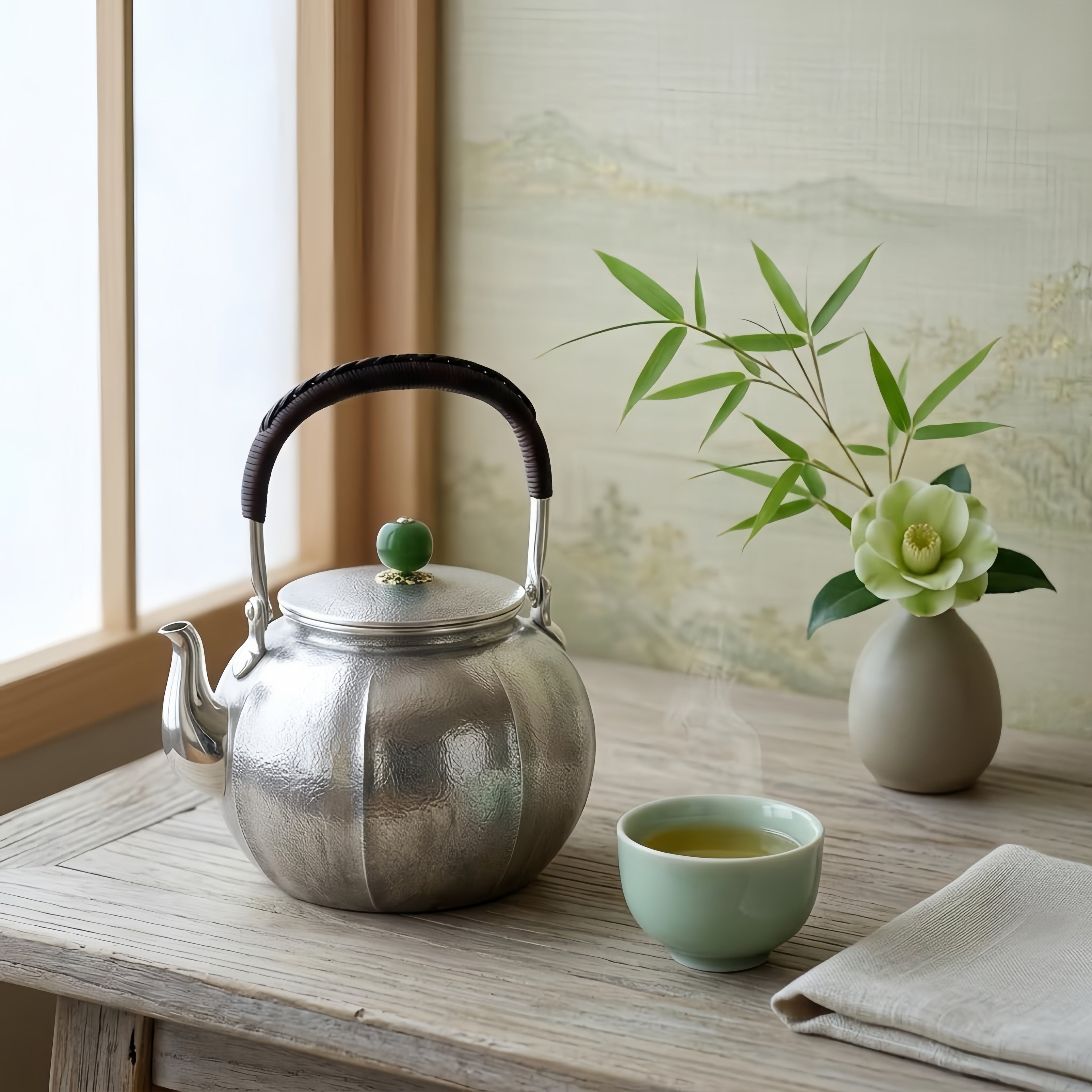 Pure 999 Fine Silver Handcrafted Hammered Silver Teapot with Jade Finial and Rattan Handle - Handicraft Vera Lux