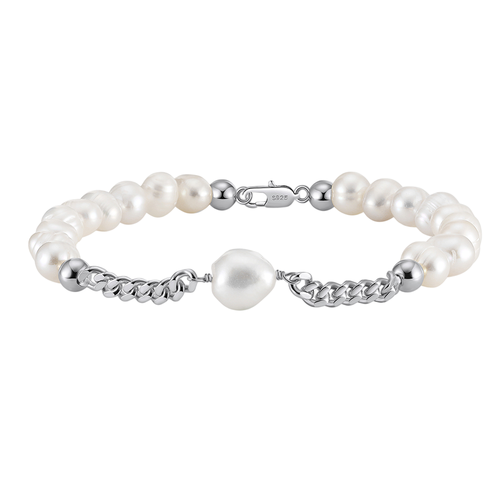 925 Sterling Silver Elegant Pearl and Sterling  Chain Bracelet with Teardrop Accent Vera Lux