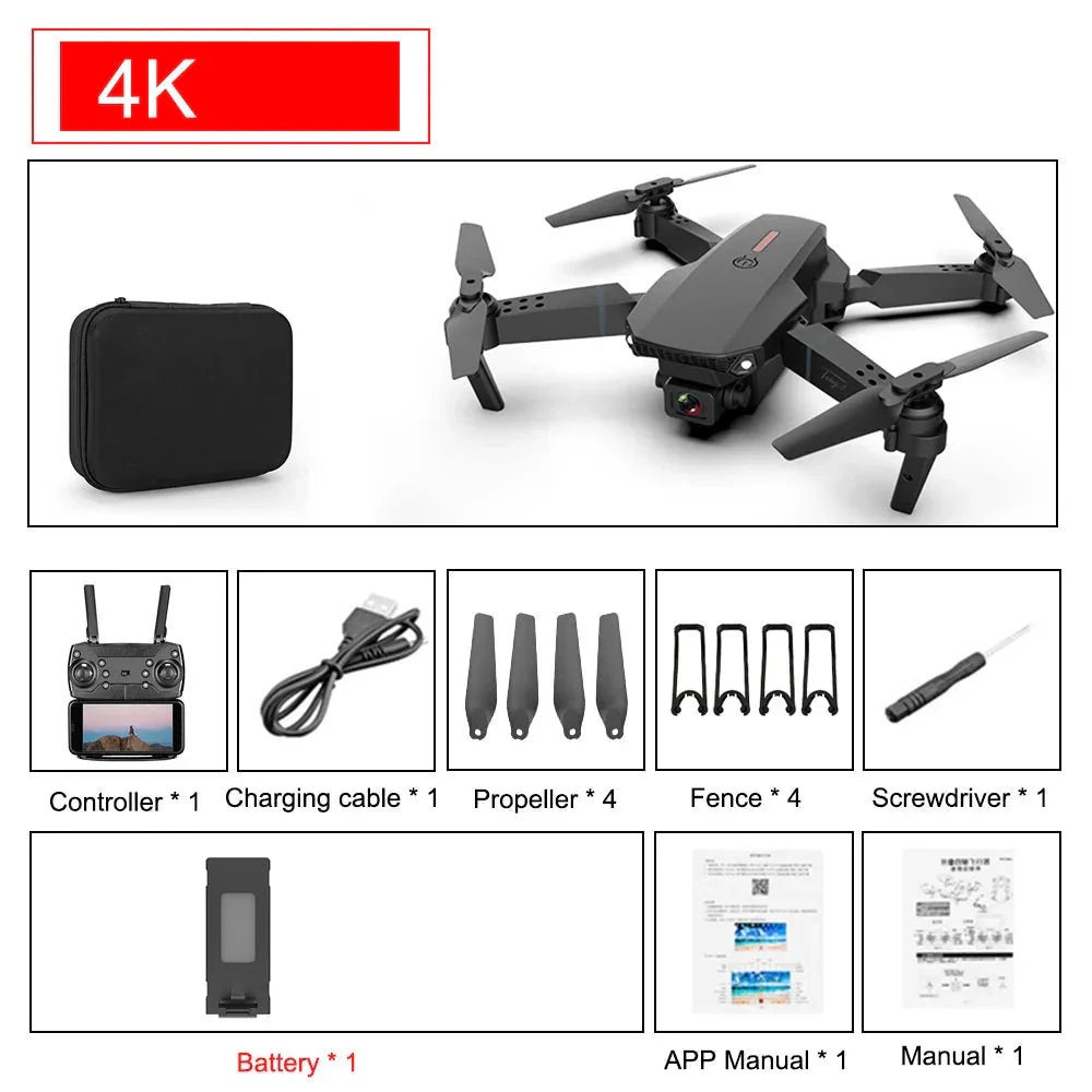 E88 Pro Foldable Quadcopter Drone - WIFI FPV, HD 4K Camera, Altitude Hold Whatever the Treasure