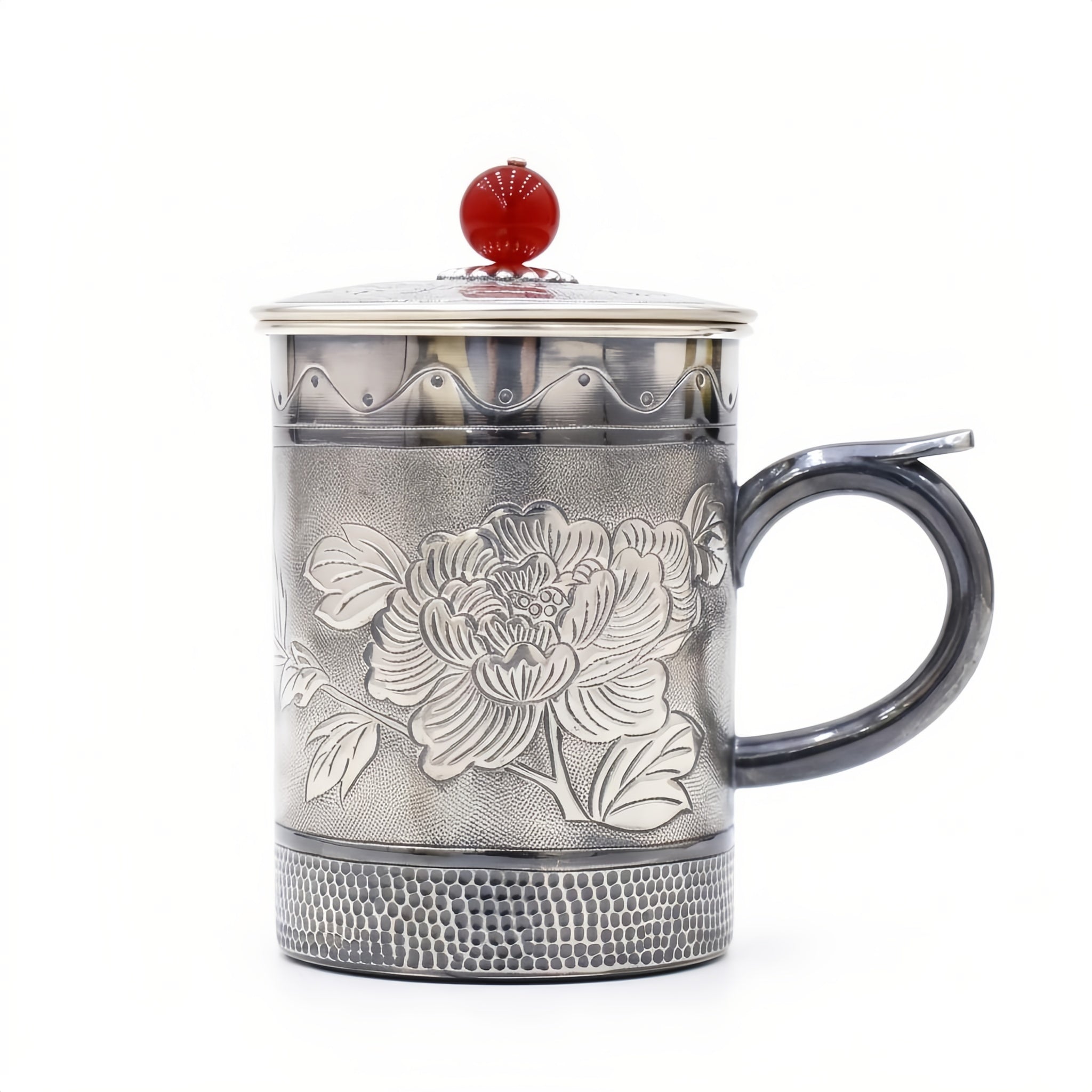 Pure 999 Fine Silver Elegant Silver Peony Engraved Mug with Red Bead Lid and Hammered Base - Handicraft Vera Lux