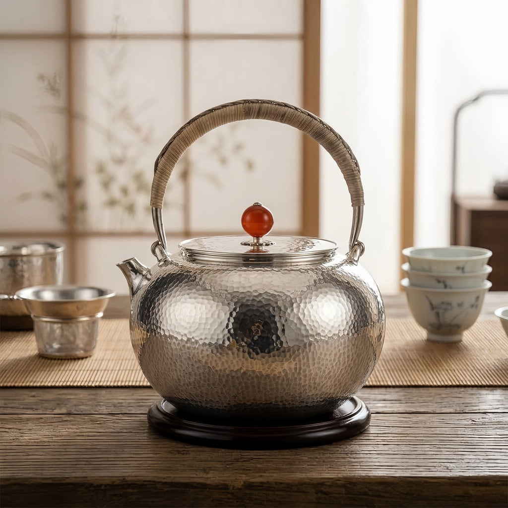 925 Sterling Silver Handcrafted Hammered Silver Teapot with Rattan Handle and Red Agate Finial - Handicraft Vera Lux