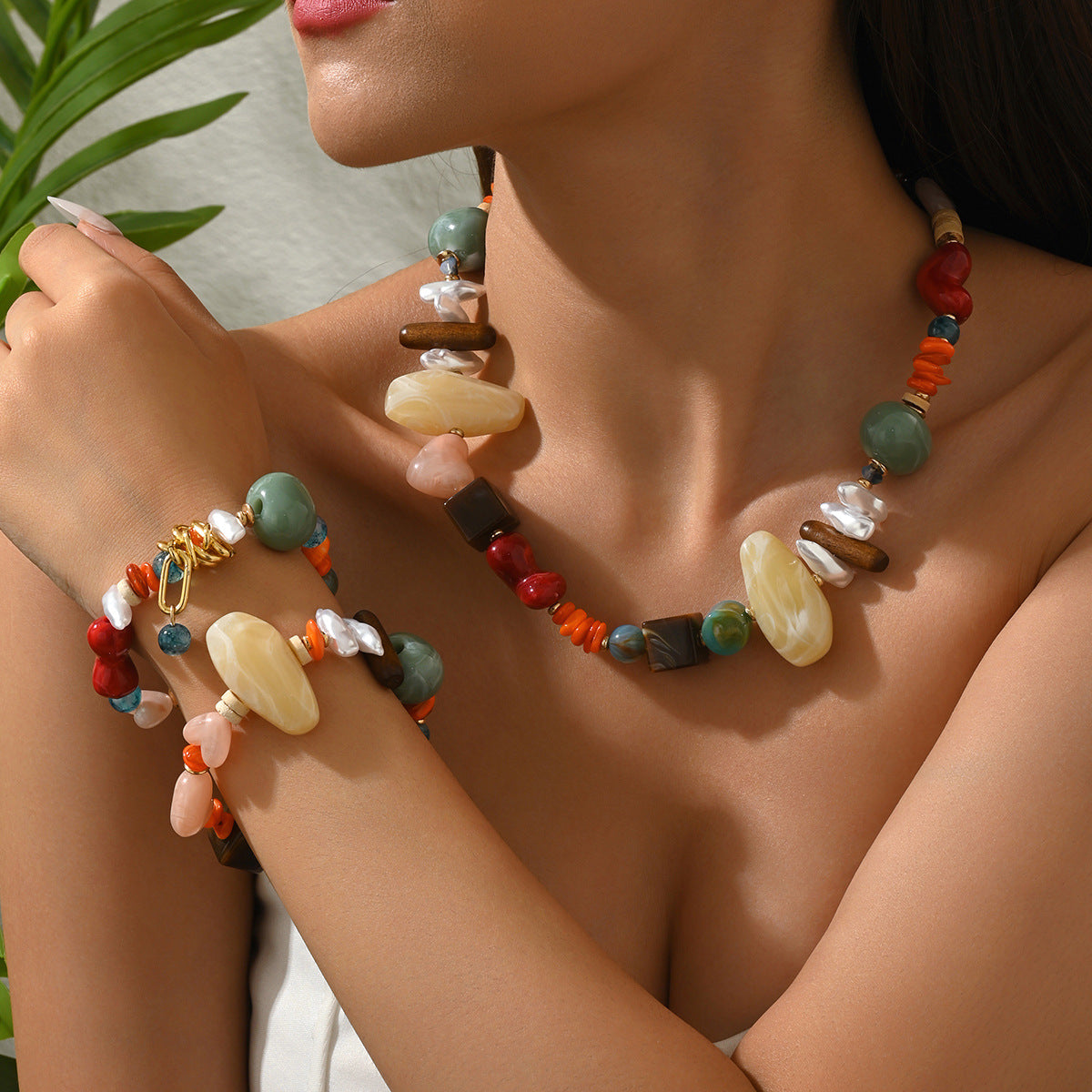 Colorful Resin Bead Necklace and Bracelet Set Collection Vera Lux