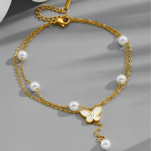 18k gold light luxury multi-layer stacked pearl butterfly tassel anklet Vera Lux