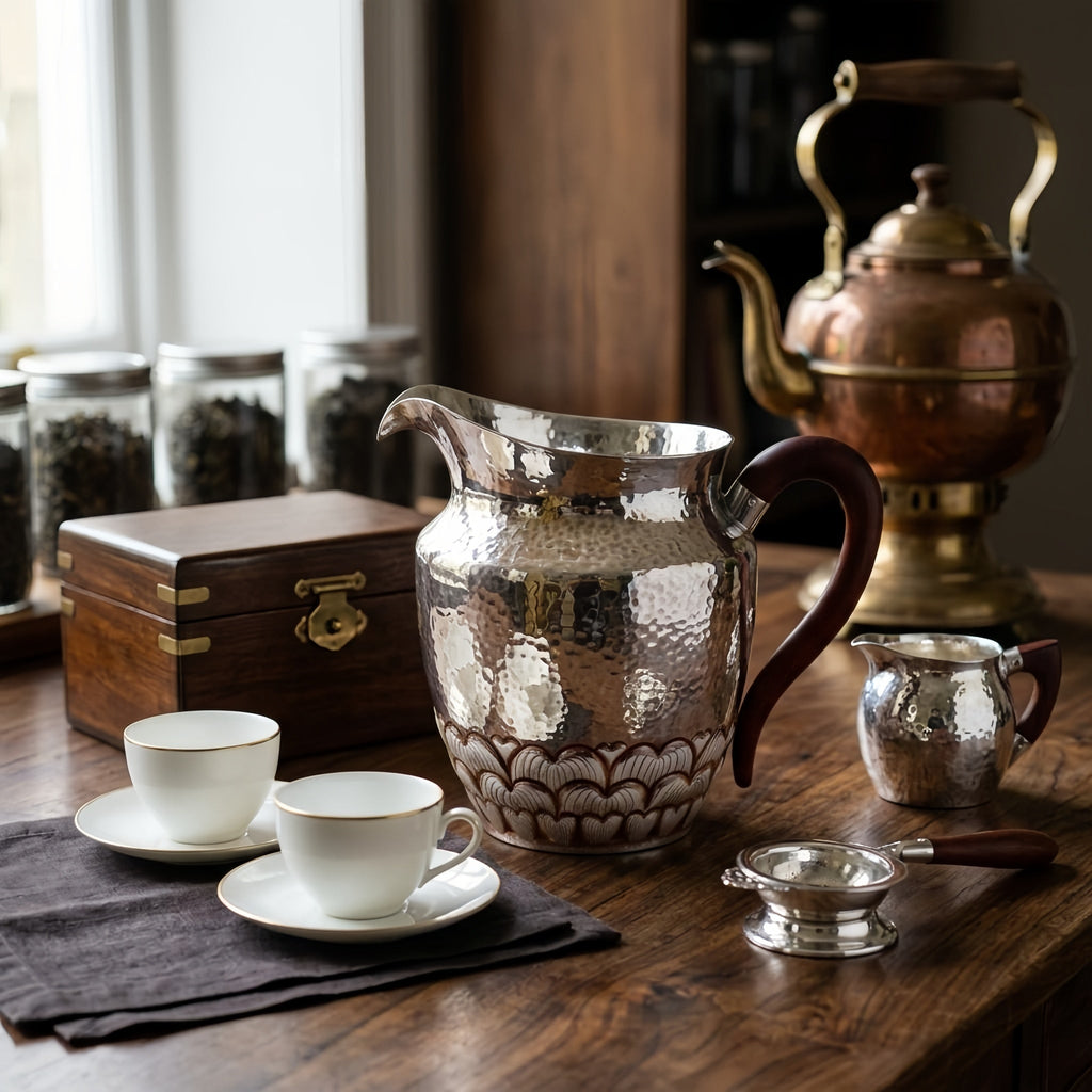 925 Sterling Silver Hand-Hammered Silver Pitcher with Scalloped Base and Curved Wooden Handle - Handicraft Vera Lux