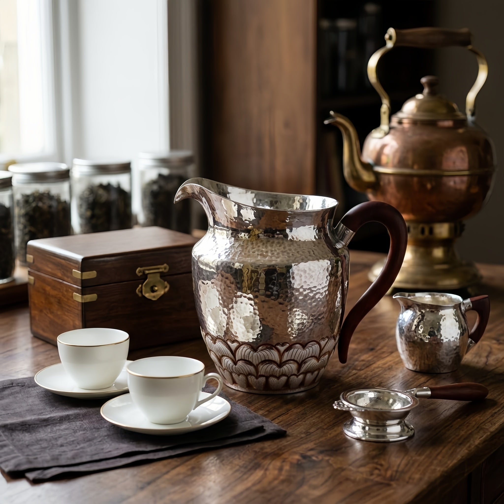 925 Sterling Silver Hand-Hammered Silver Pitcher with Scalloped Base and Curved Wooden Handle - Handicraft Vera Lux