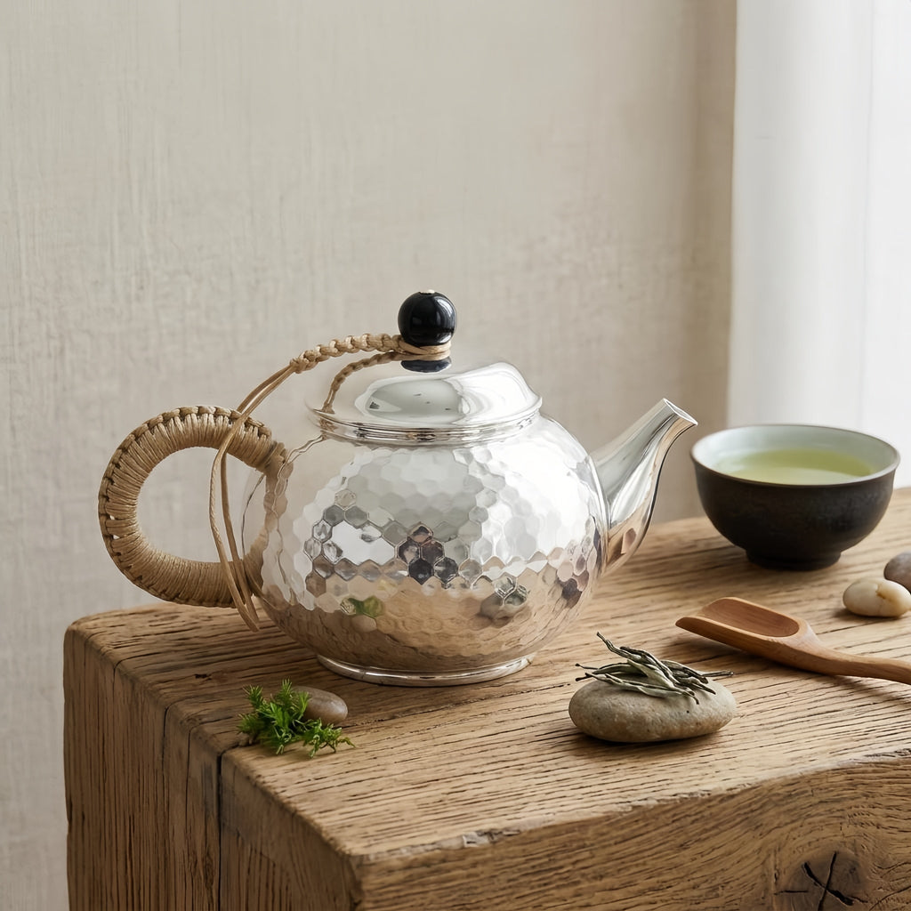 Pure 999 Fine Silver Hammered Silver Teapot with Woven Insulated Handle and Black Finial - Handicraft Vera Lux