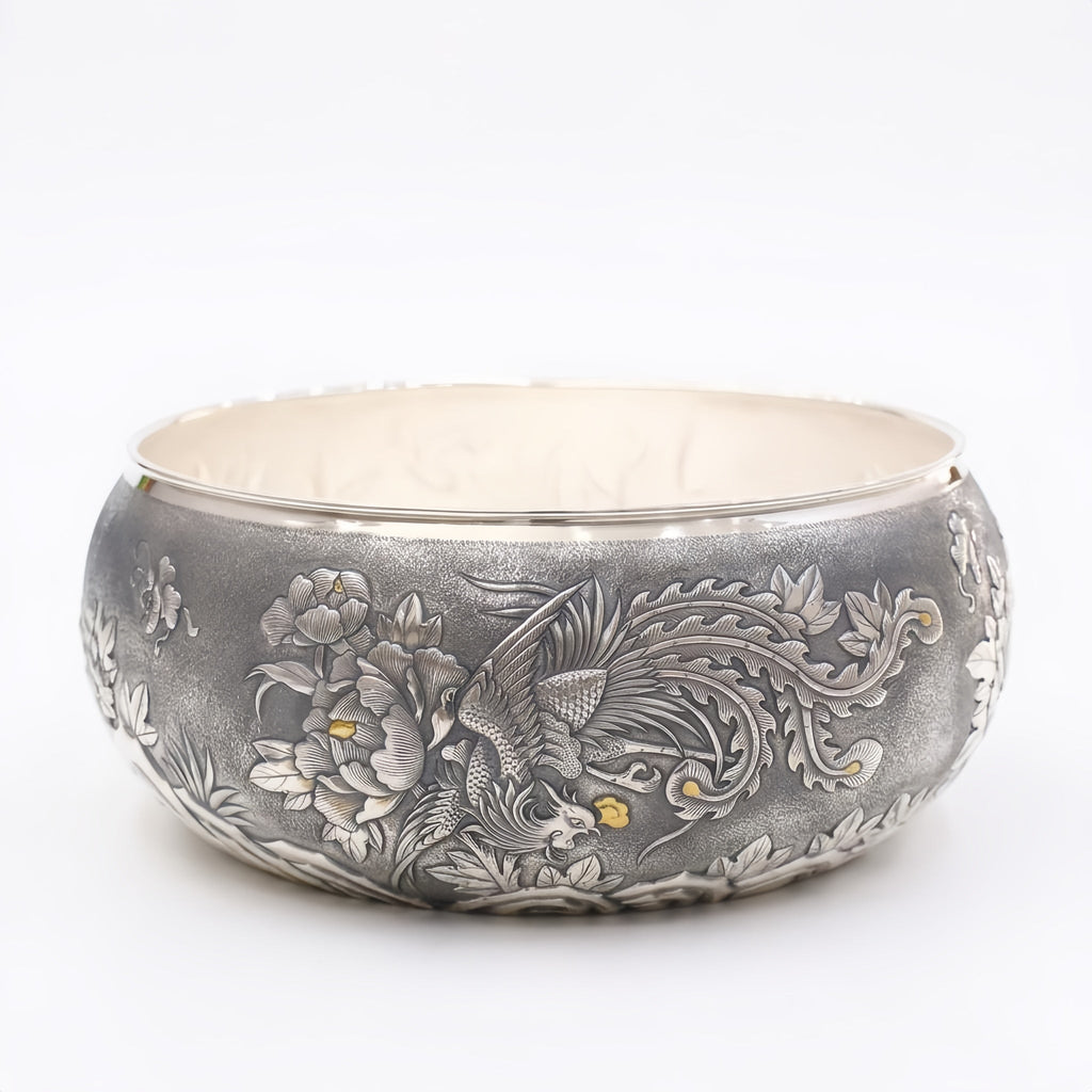 Pure 999 Fine Silver Hand-Engraved Sterling Silver Bowl Featuring Traditional Phoenix and Peony Blossom Motifs - Handicraft Vera Lux