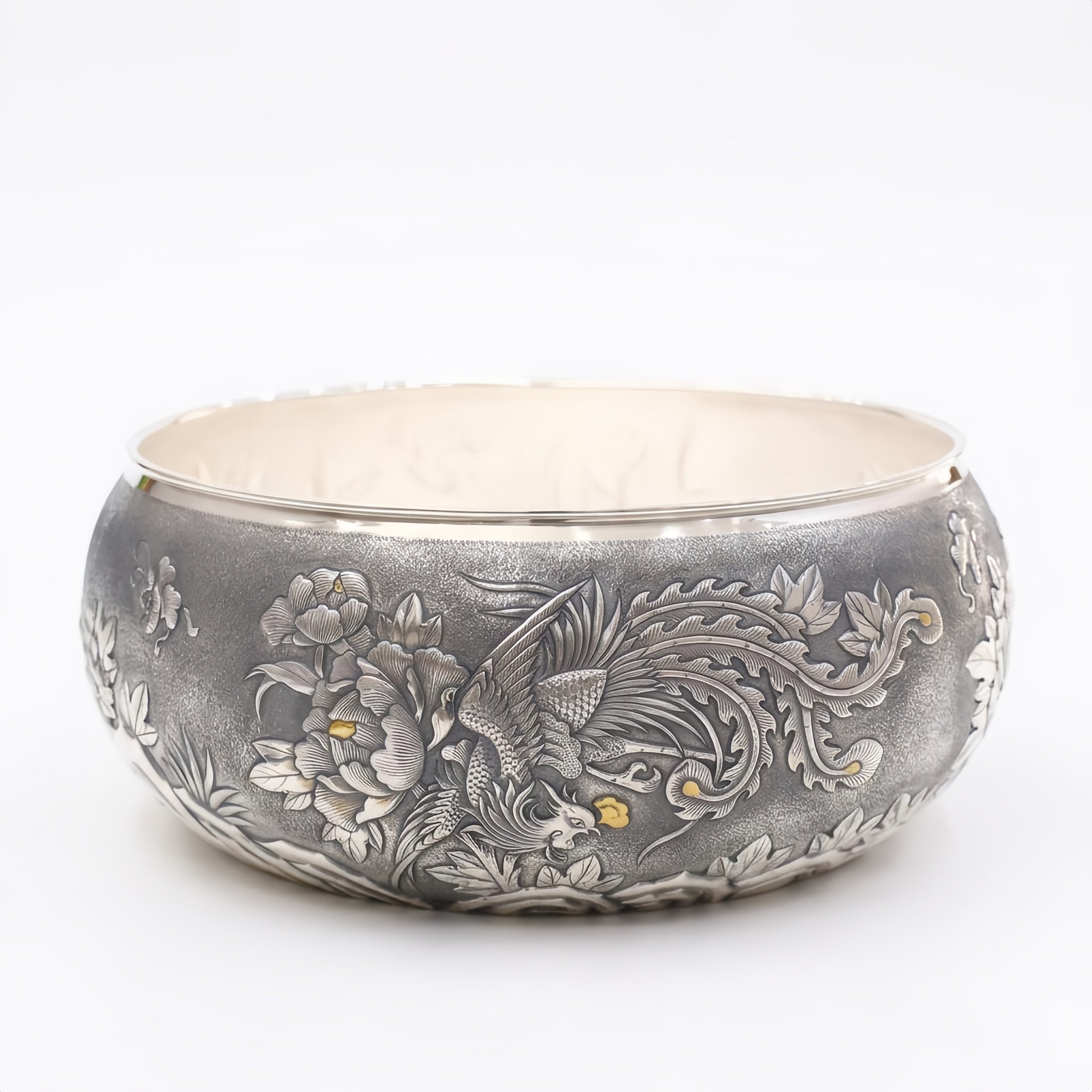 Pure 999 Fine Silver Hand-Engraved Sterling Silver Bowl Featuring Traditional Phoenix and Peony Blossom Motifs - Handicraft Vera Lux