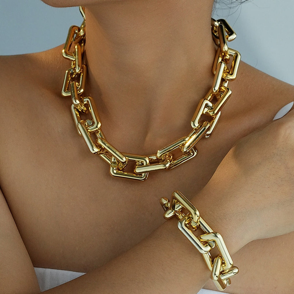 Geometric rectangular chunky chain bracelet and necklace set Vera Lux