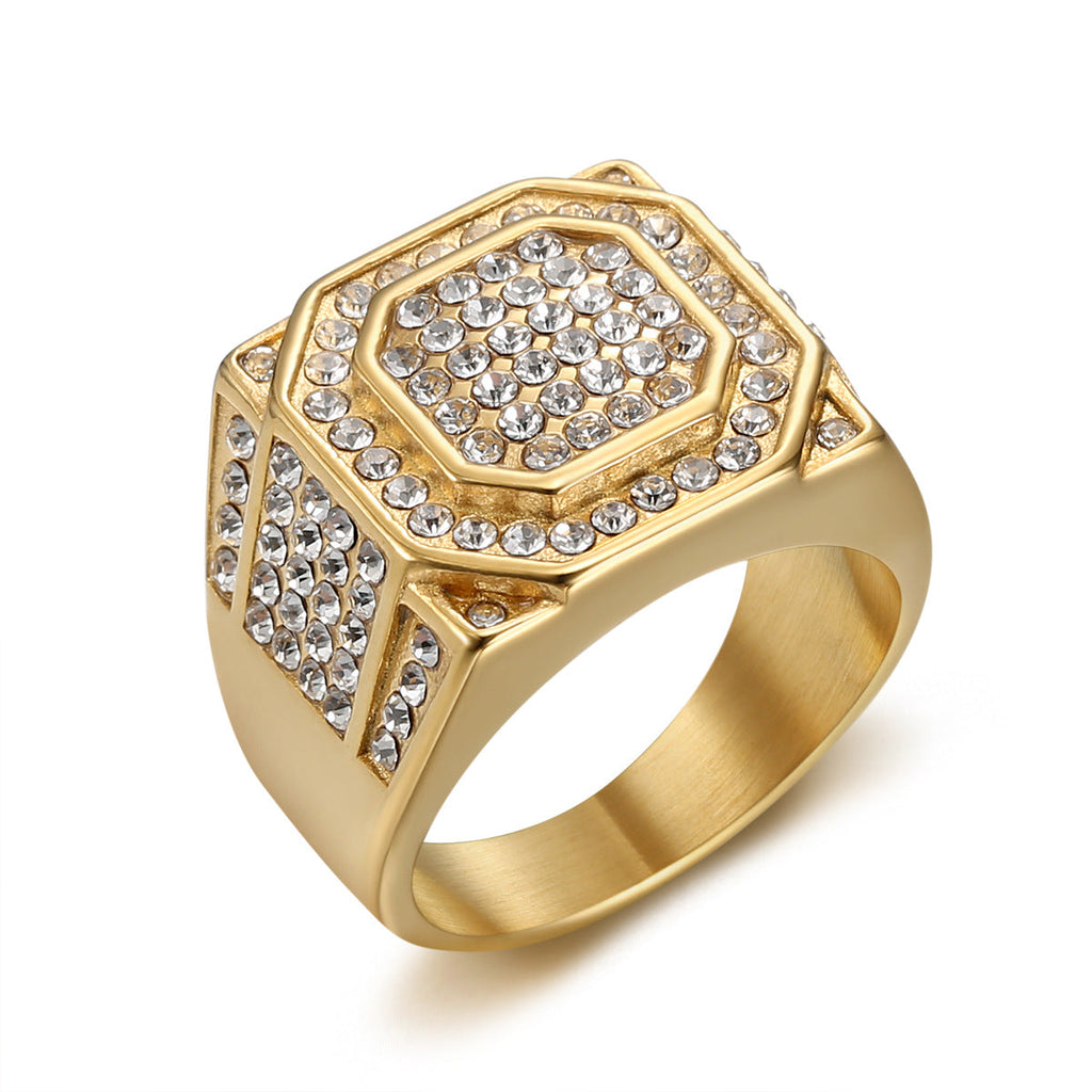 Titanium Steel Gold-Plated Full-Crystal Mens Ring Vera Lux