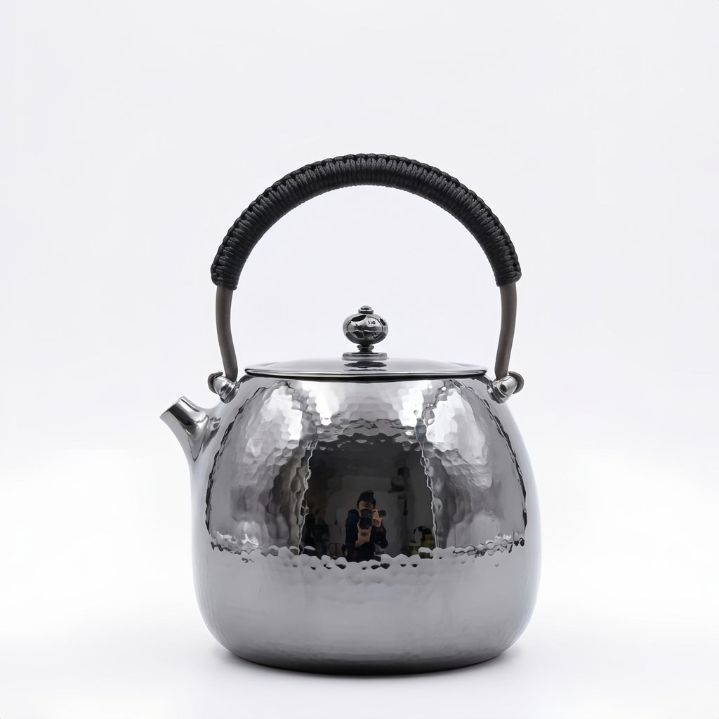 Pure 999 Fine Silver Elegant Hand-Hammered Polished Silver Teapot with Traditional Woven Handle - Handicraft Vera Lux