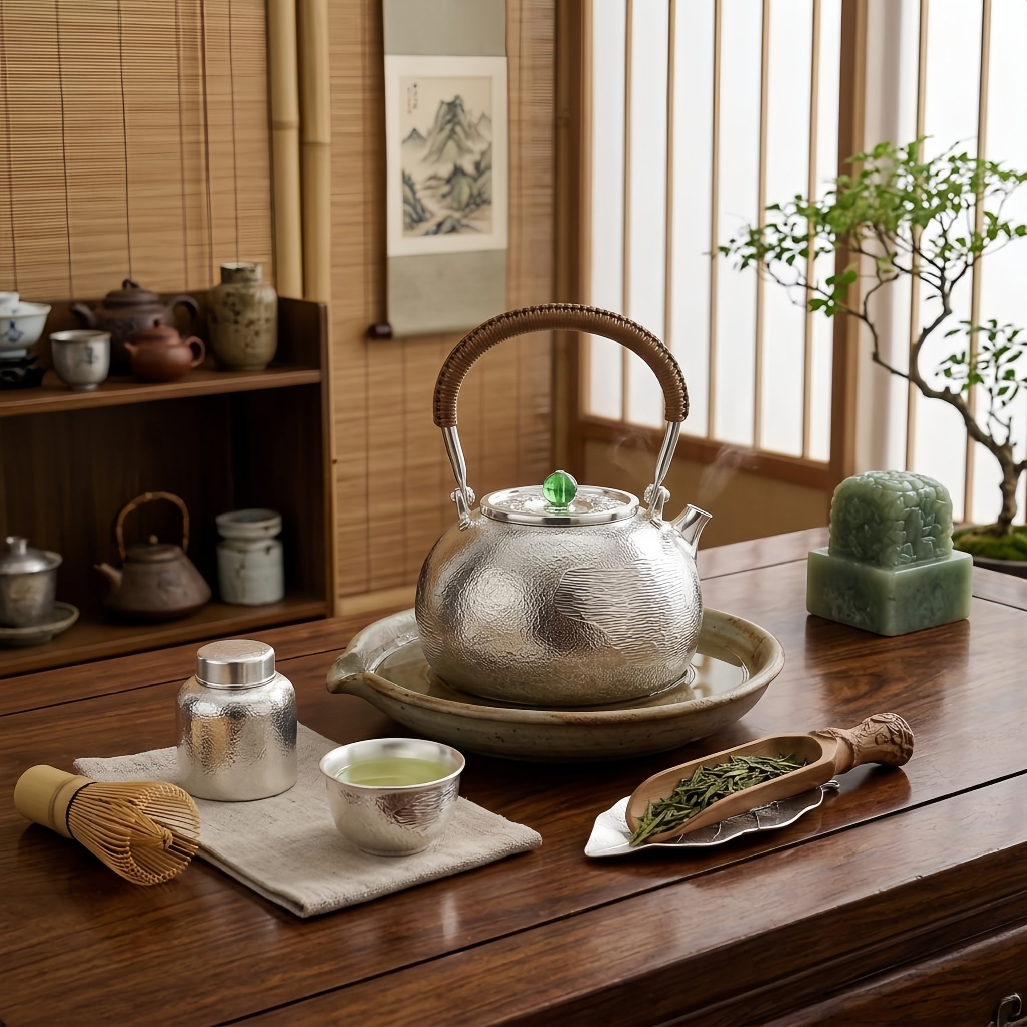 Pure 999 Fine Silver Handcrafted Textured Silver Teapot with Woven Rattan Handle and Green Jade Knob - Handicraft Vera Lux