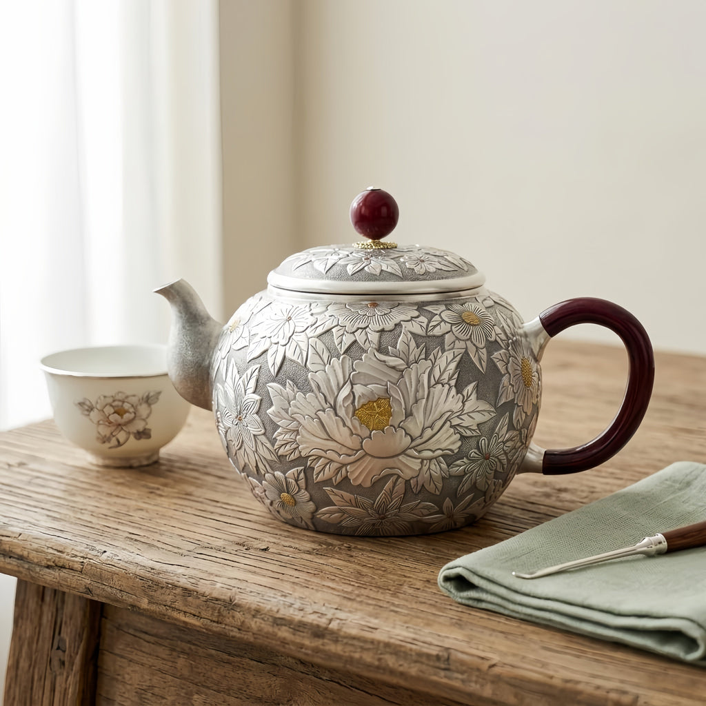 925 Sterling Silver Artisan Handcrafted Silver Teapot with Elegant Peony Engravings and Red Crimson Accents - Handicraft Vera Lux