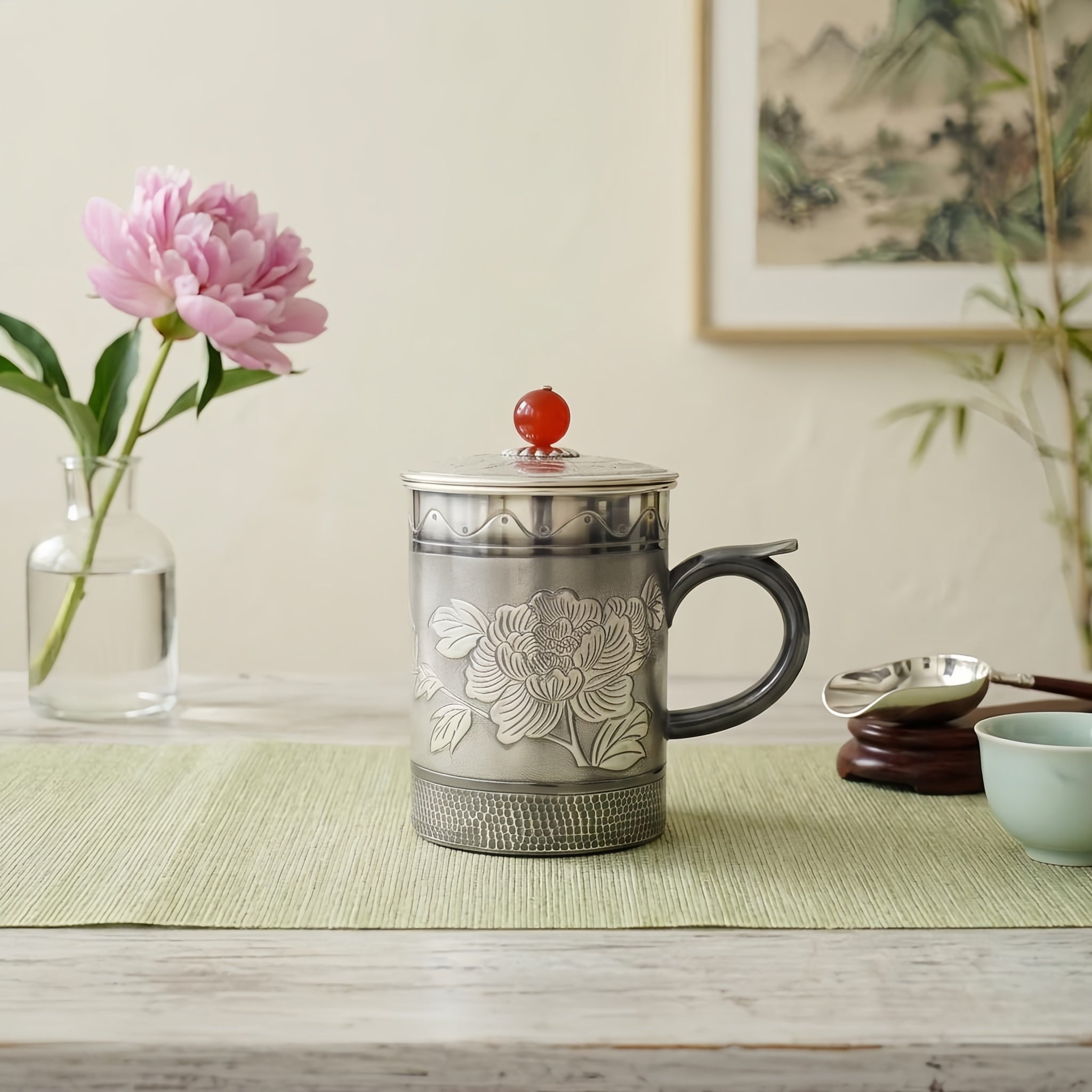 Pure 999 Fine Silver Elegant Silver Peony Engraved Mug with Red Bead Lid and Hammered Base - Handicraft Vera Lux