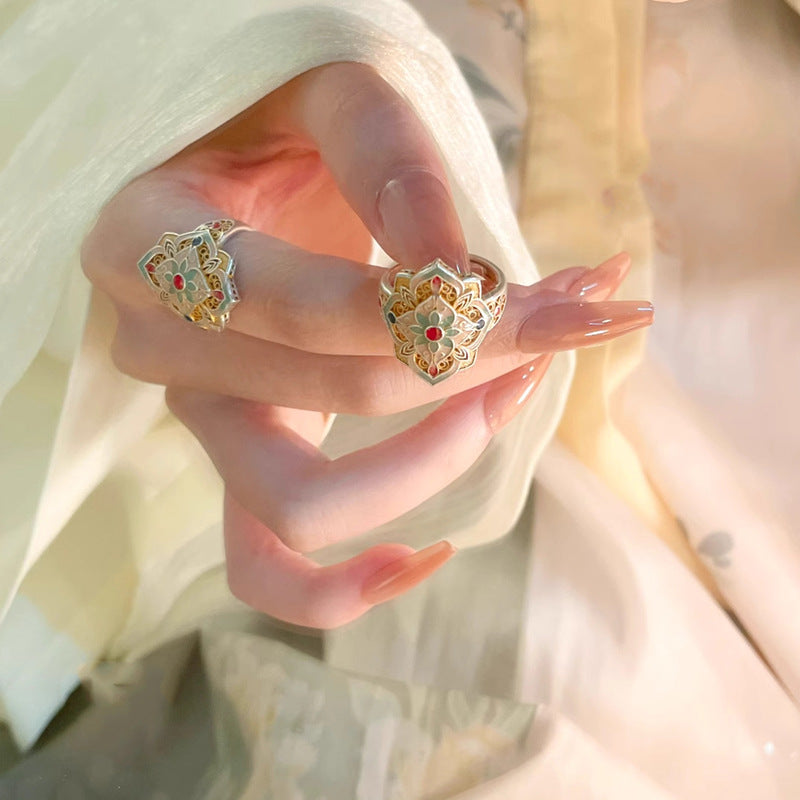 Misty Rain Gold-Embellished Enamel Peony Chinese-Style Hollow Open Ring Vera Lux