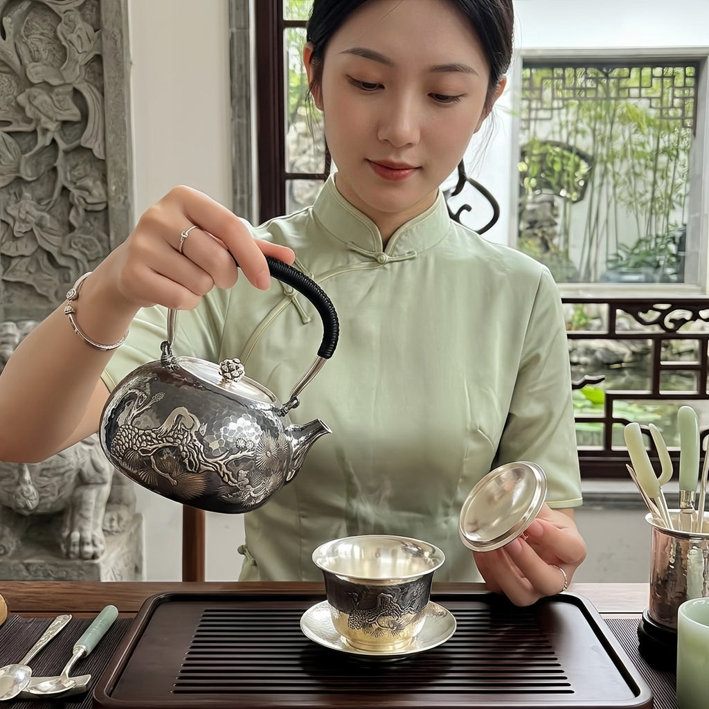 925 Sterling Silver Elegant Handcrafted  Teapot with Nature-Inspired Squirrel and Pine Cone Design-Fine large teapot - Handicraft Vera Lux