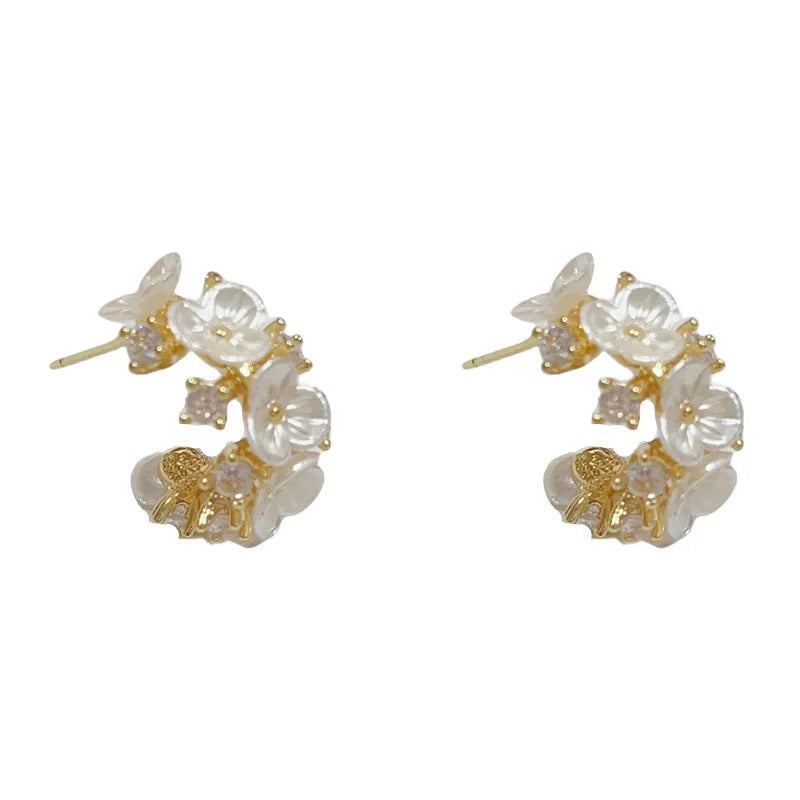 Fresh And Chic C Shaped Earrings With Diamond Encrusted Flowers For Women Vera Lux