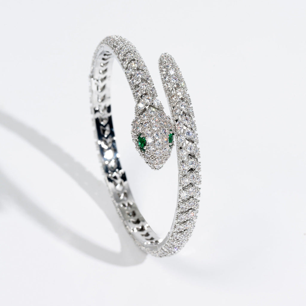Women's 18K Gold Snakebone Open Bangle with Full Diamond Setting Vera Lux
