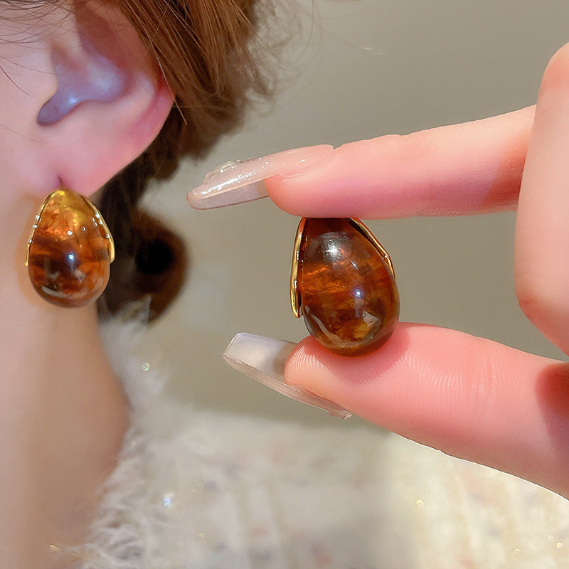 Handmade Maillard Aesthetic Earrings, Irregular Silver Tone Brown Resin Circle Studs, Retro Minimalist Geometric Ear Jewelry, Unique Gift For Women Vera Lux