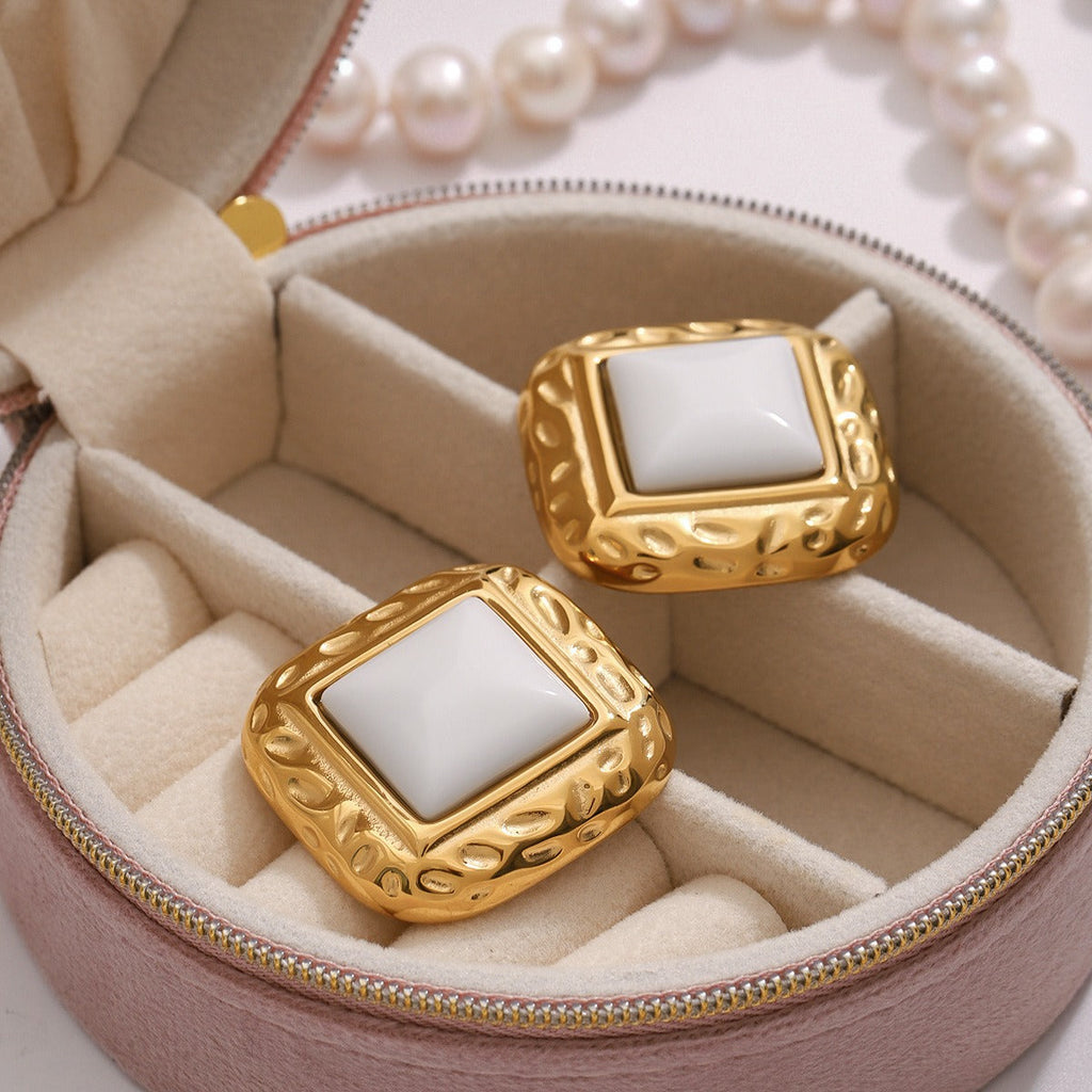18K gold arc-shaped square inlaid gemstones with exquisite design and noble earrings Vera Lux