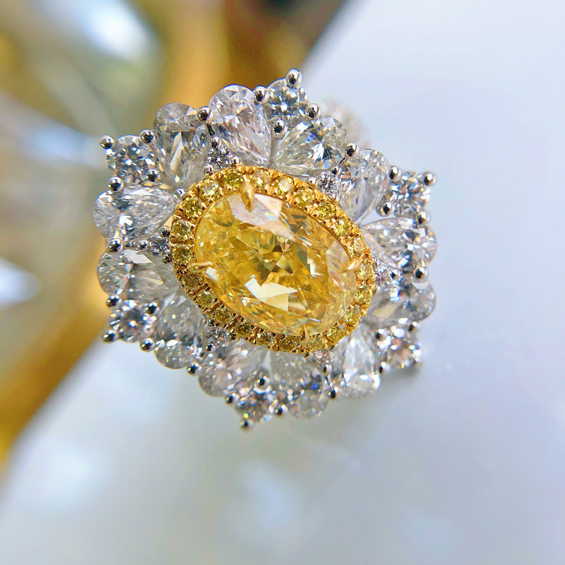 New Design Large Carat Simulated Diamond Ring, Heavy Set Synthetic Ascher Cut Yellow Diamond Gemstone Jewelry For Women Vera Lux
