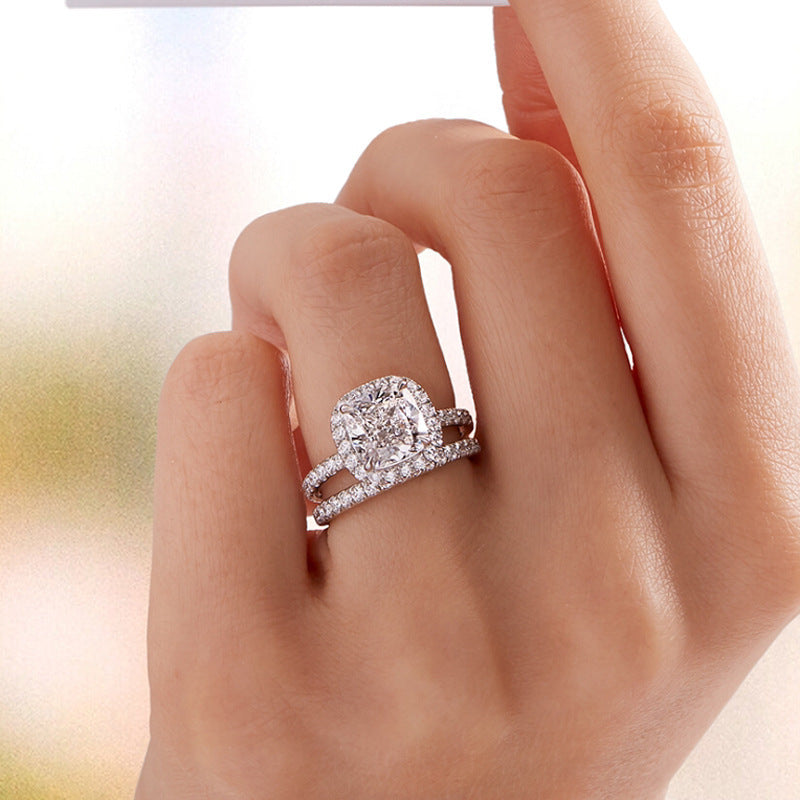 Japanese Style Luxury Square Simulated Diamond Ring, Silver Plated S925 Band Vera Lux